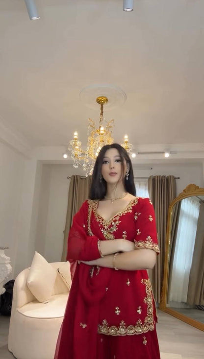 Red foux georgette thread with sequence top, sharara and dupatta set