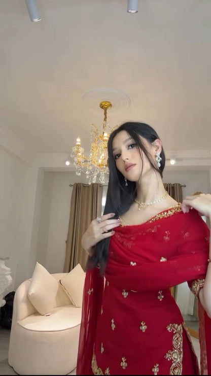 Red foux georgette thread with sequence top, sharara and dupatta set