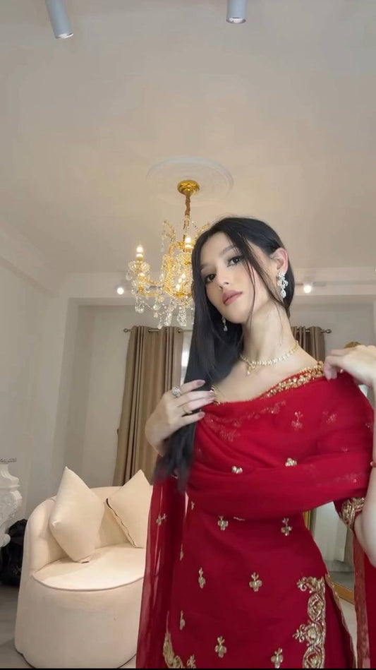 Red foux georgette thread with sequence top, sharara and dupatta set