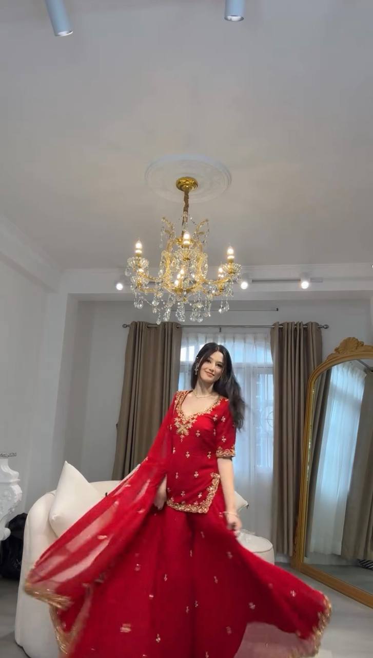 Red foux georgette thread with sequence top, sharara and dupatta set