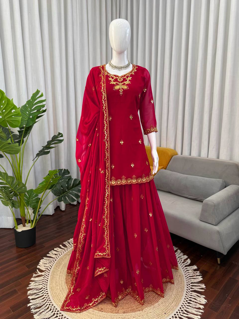 Red foux georgette thread with sequence top, sharara and dupatta set