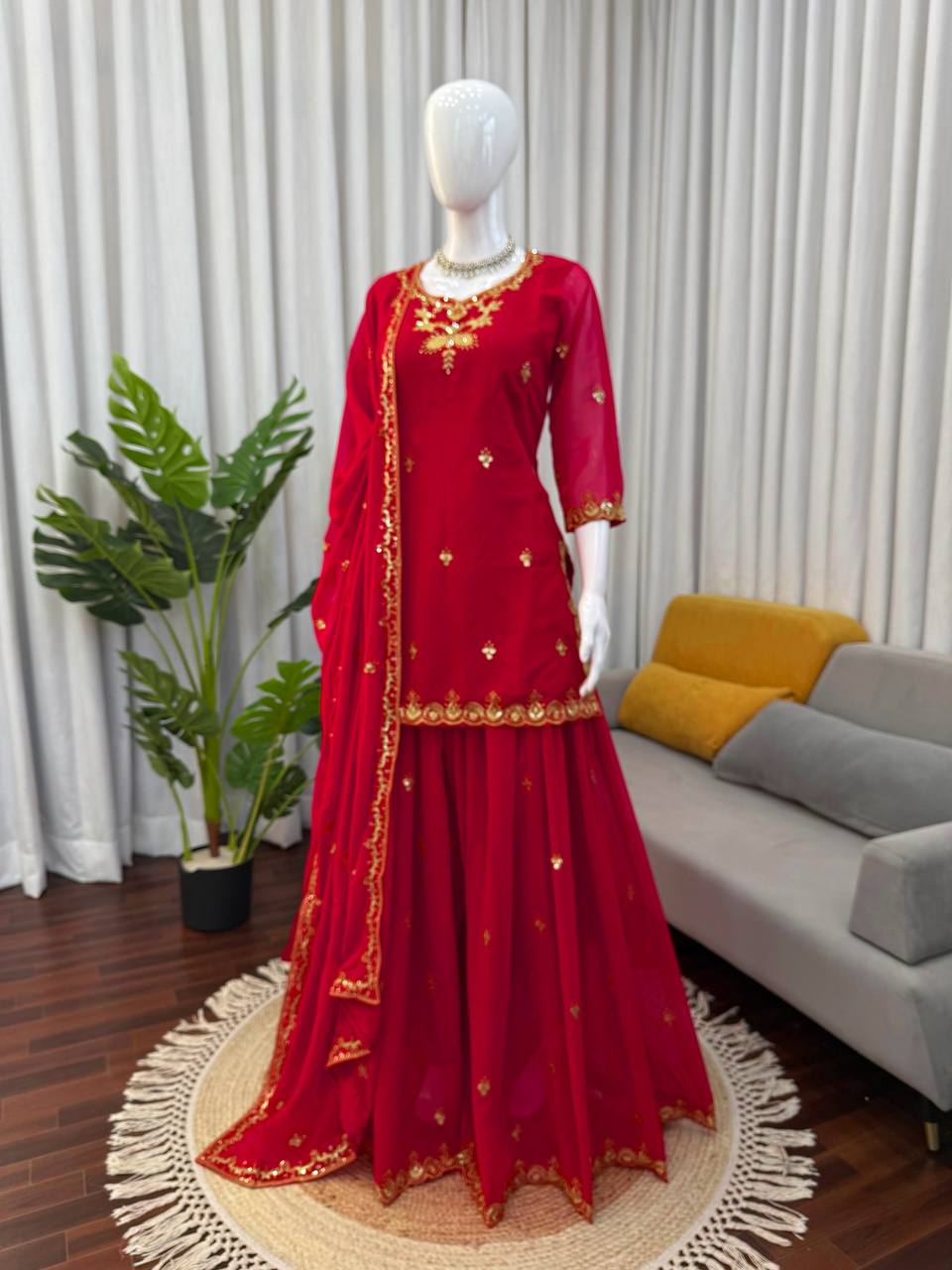 Red foux georgette thread with sequence top, sharara and dupatta set