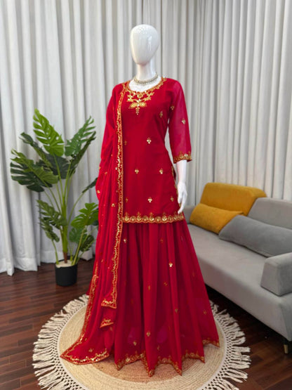 Red foux georgette thread with sequence top, sharara and dupatta set
