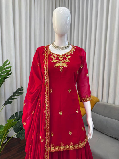 Red foux georgette thread with sequence top, sharara and dupatta set