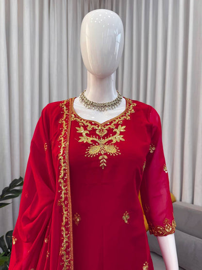 Red foux georgette thread with sequence top, sharara and dupatta set