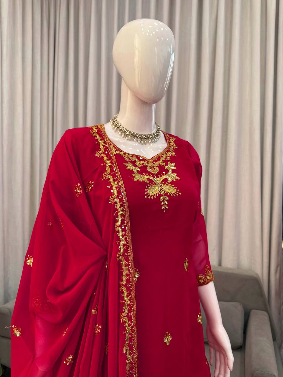 Red foux georgette thread with sequence top, sharara and dupatta set