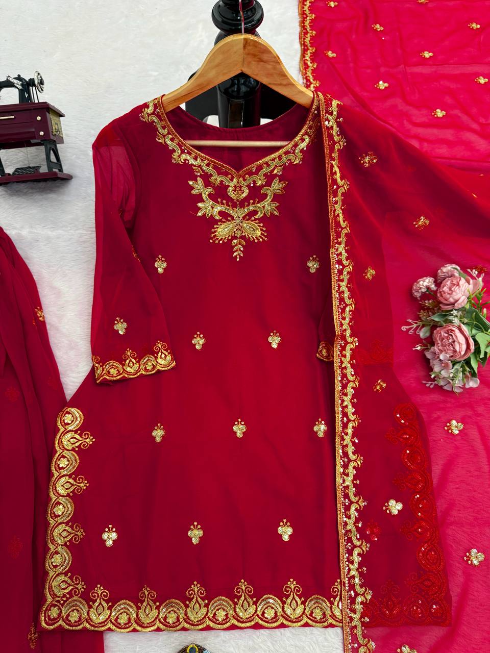 Red foux georgette thread with sequence top, sharara and dupatta set