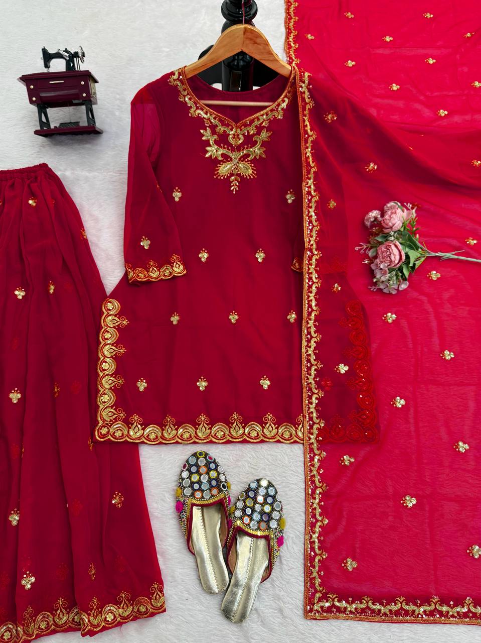 Red foux georgette thread with sequence top, sharara and dupatta set