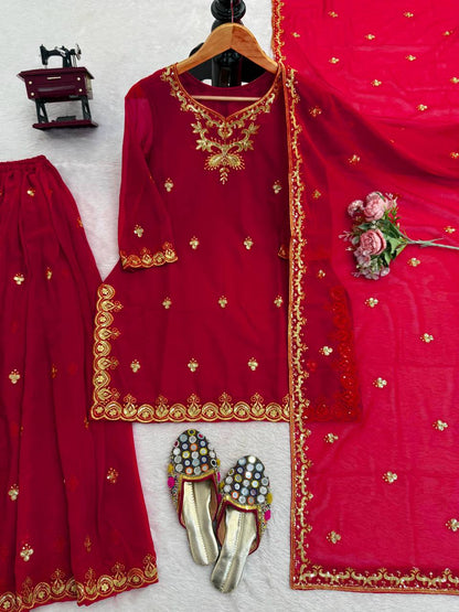 Red foux georgette thread with sequence top, sharara and dupatta set