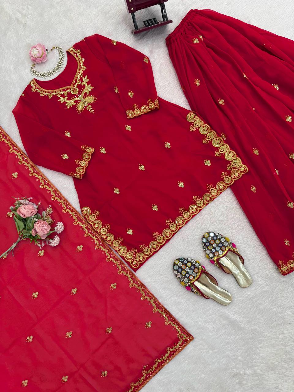 Red foux georgette thread with sequence top, sharara and dupatta set