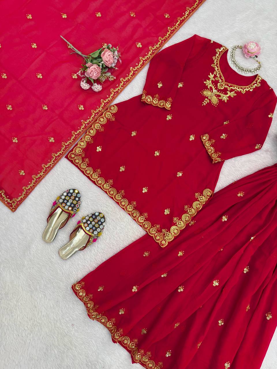 Red foux georgette thread with sequence top, sharara and dupatta set