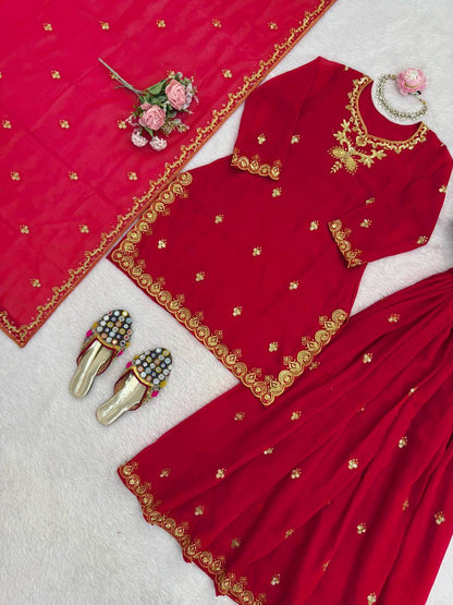 Red foux georgette thread with sequence top, sharara and dupatta set