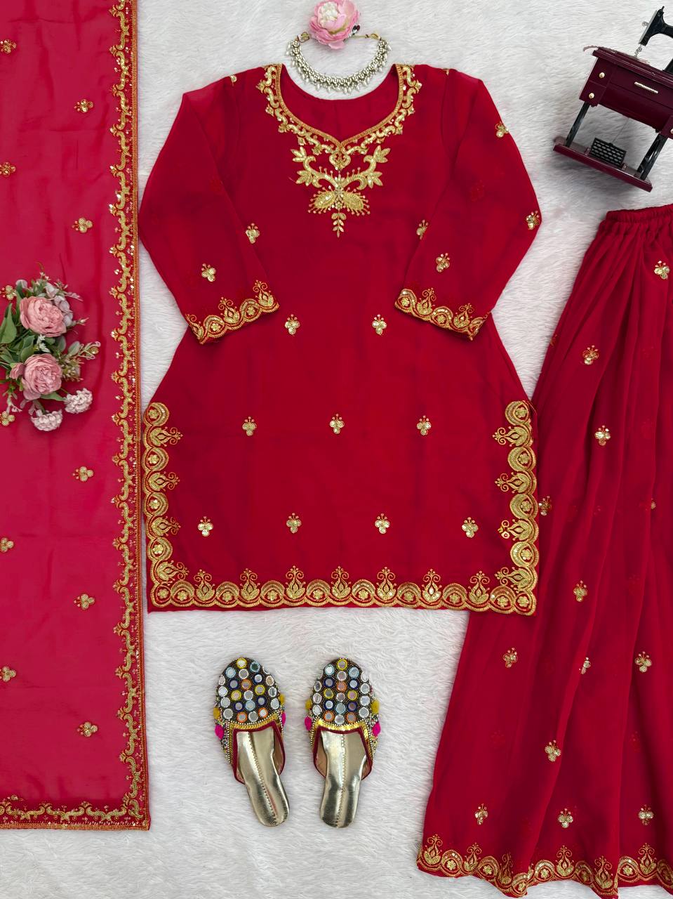 Red foux georgette thread with sequence top, sharara and dupatta set