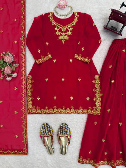Red foux georgette thread with sequence top, sharara and dupatta set