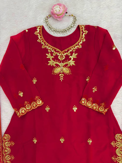 Red foux georgette thread with sequence top, sharara and dupatta set