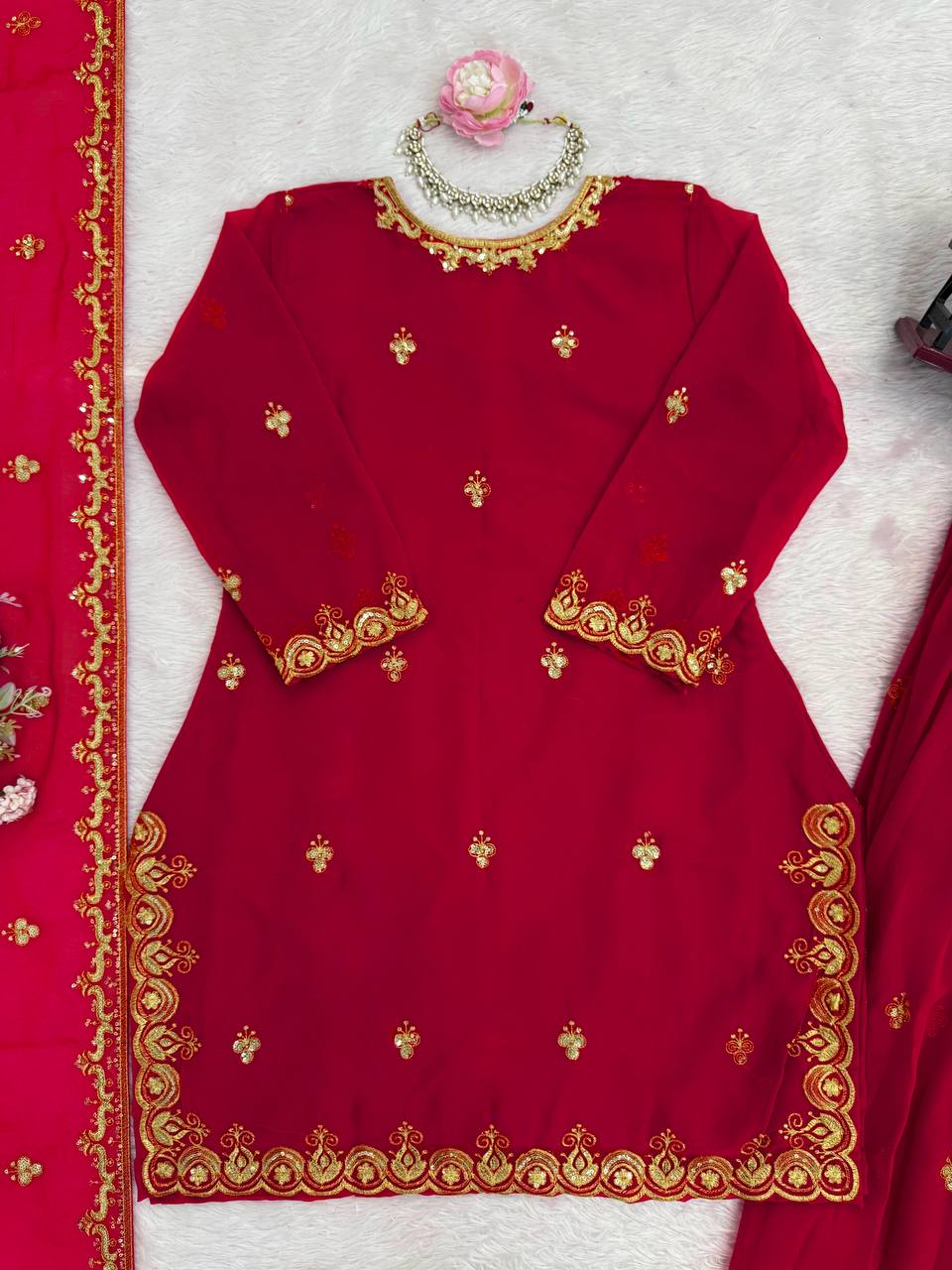 Red foux georgette thread with sequence top, sharara and dupatta set