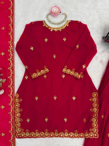 Red foux georgette thread with sequence top, sharara and dupatta set