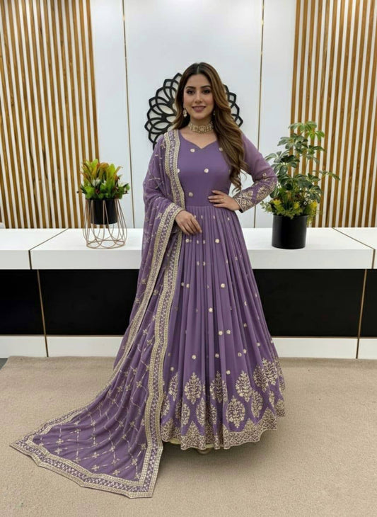 Light purple faux georgette embroidery sequence work gown and dupatta