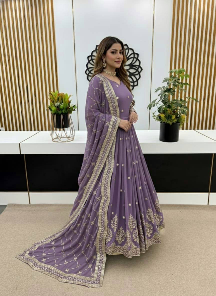 Light purple faux georgette embroidery sequence work gown and dupatta