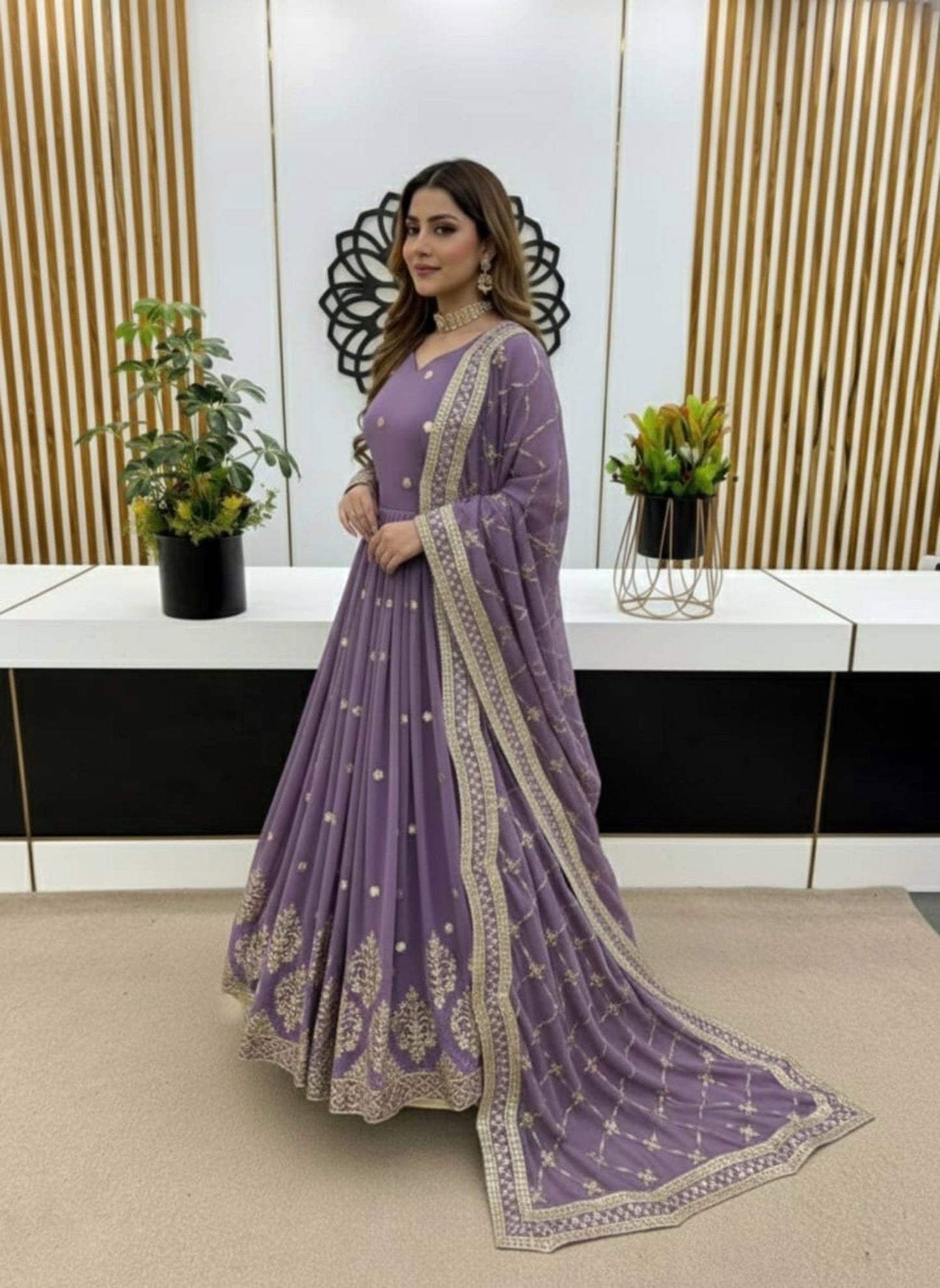 Light purple faux georgette embroidery sequence work gown and dupatta