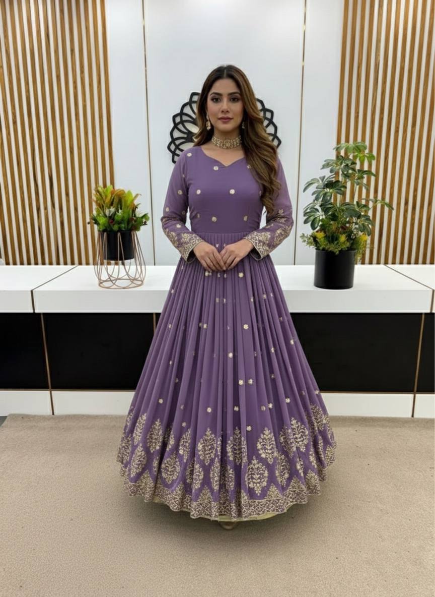 Light purple faux georgette embroidery sequence work gown and dupatta