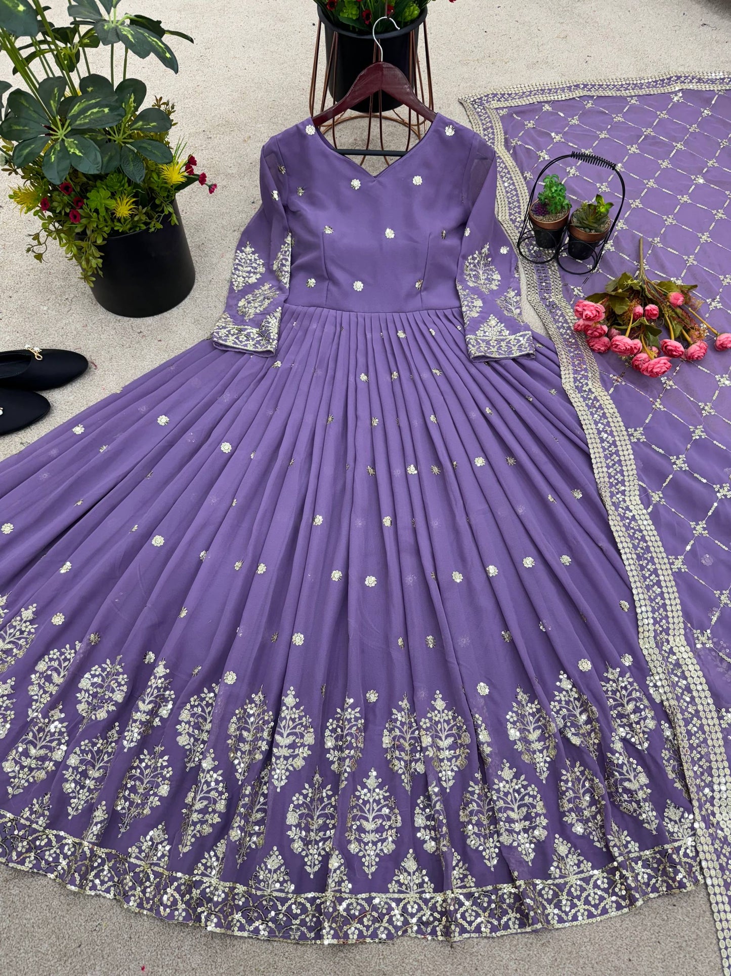 Light purple faux georgette embroidery sequence work gown and dupatta