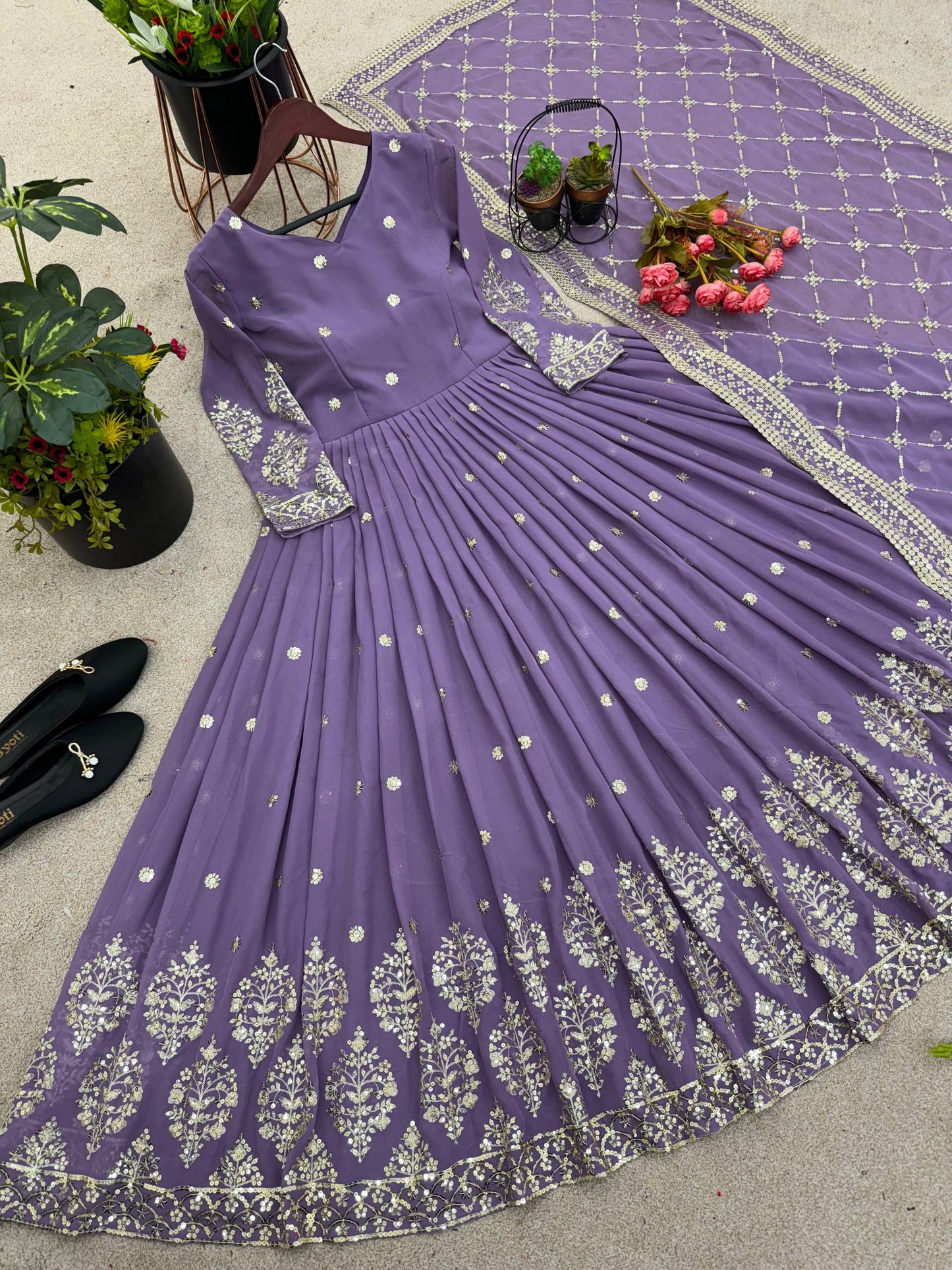 Light purple faux georgette embroidery sequence work gown and dupatta