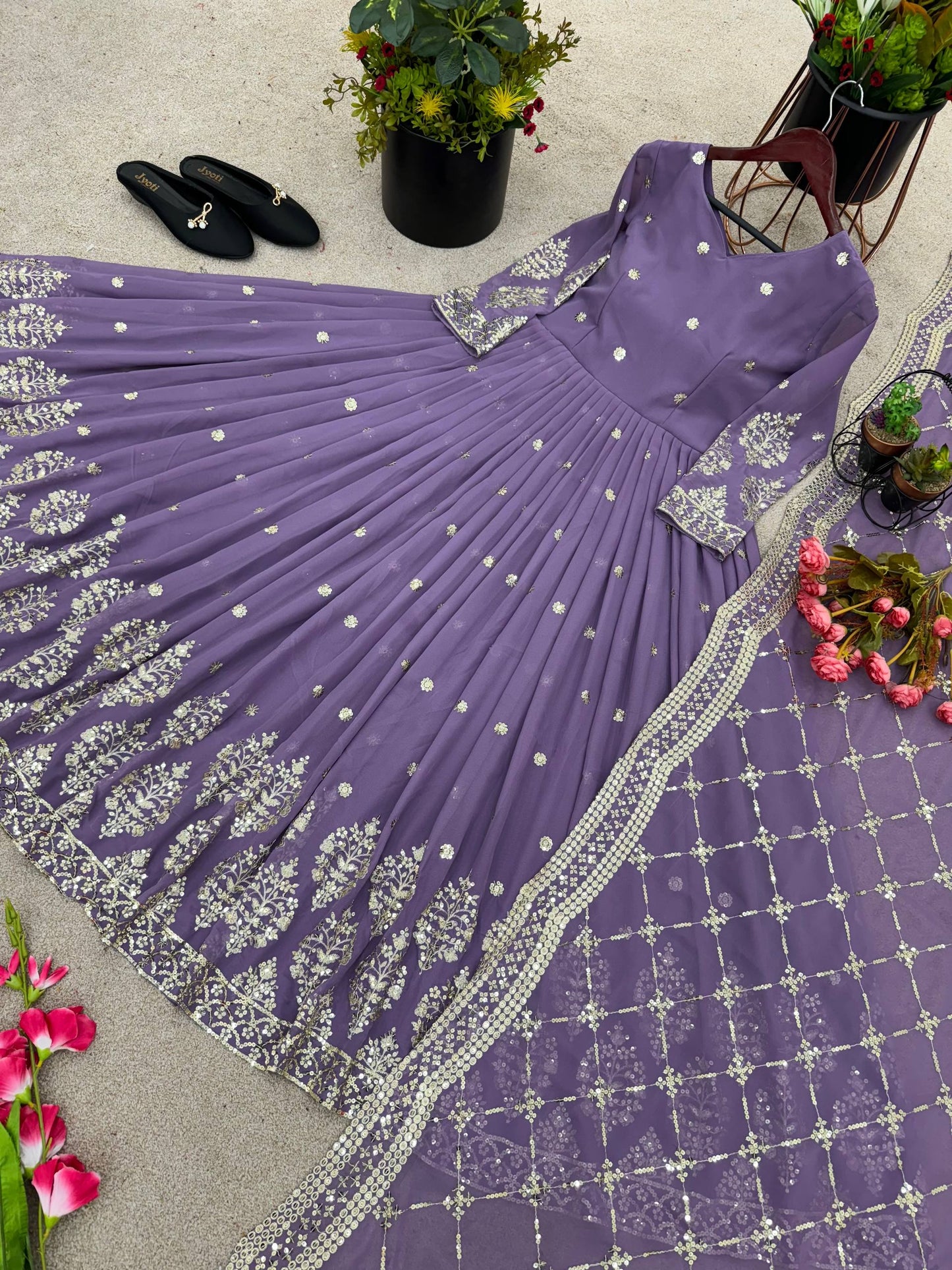 Light purple faux georgette embroidery sequence work gown and dupatta