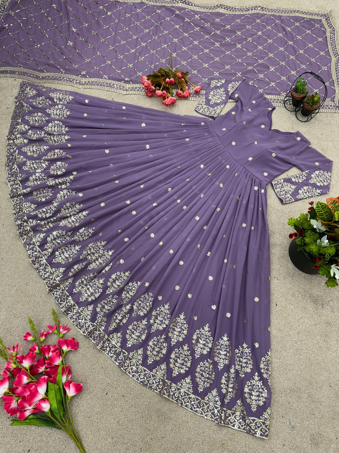 Light purple faux georgette embroidery sequence work gown and dupatta