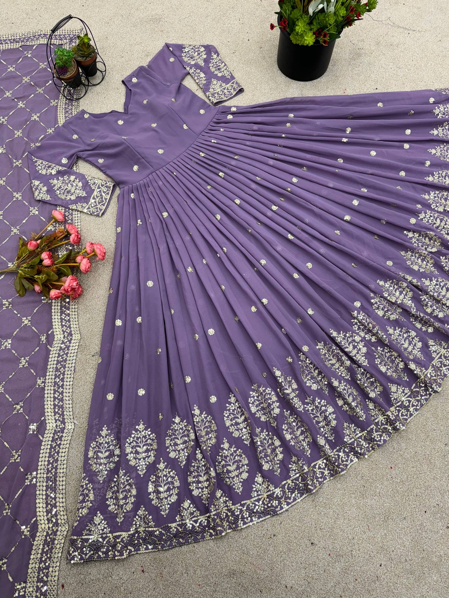 Light purple faux georgette embroidery sequence work gown and dupatta