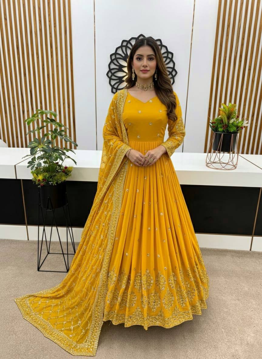 Yellow faux georgette embroidery sequence work gown and dupatta