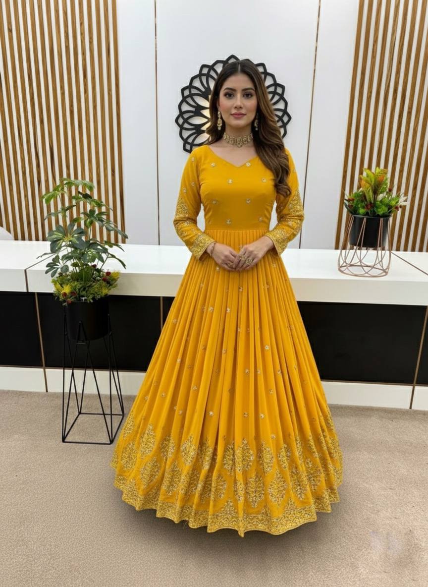 Yellow faux georgette embroidery sequence work gown and dupatta