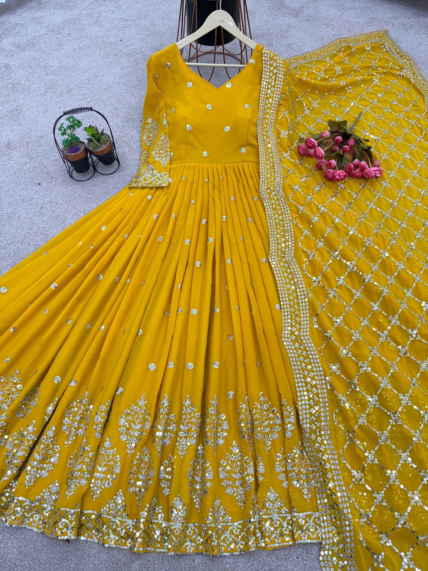 Yellow faux georgette embroidery sequence work gown and dupatta