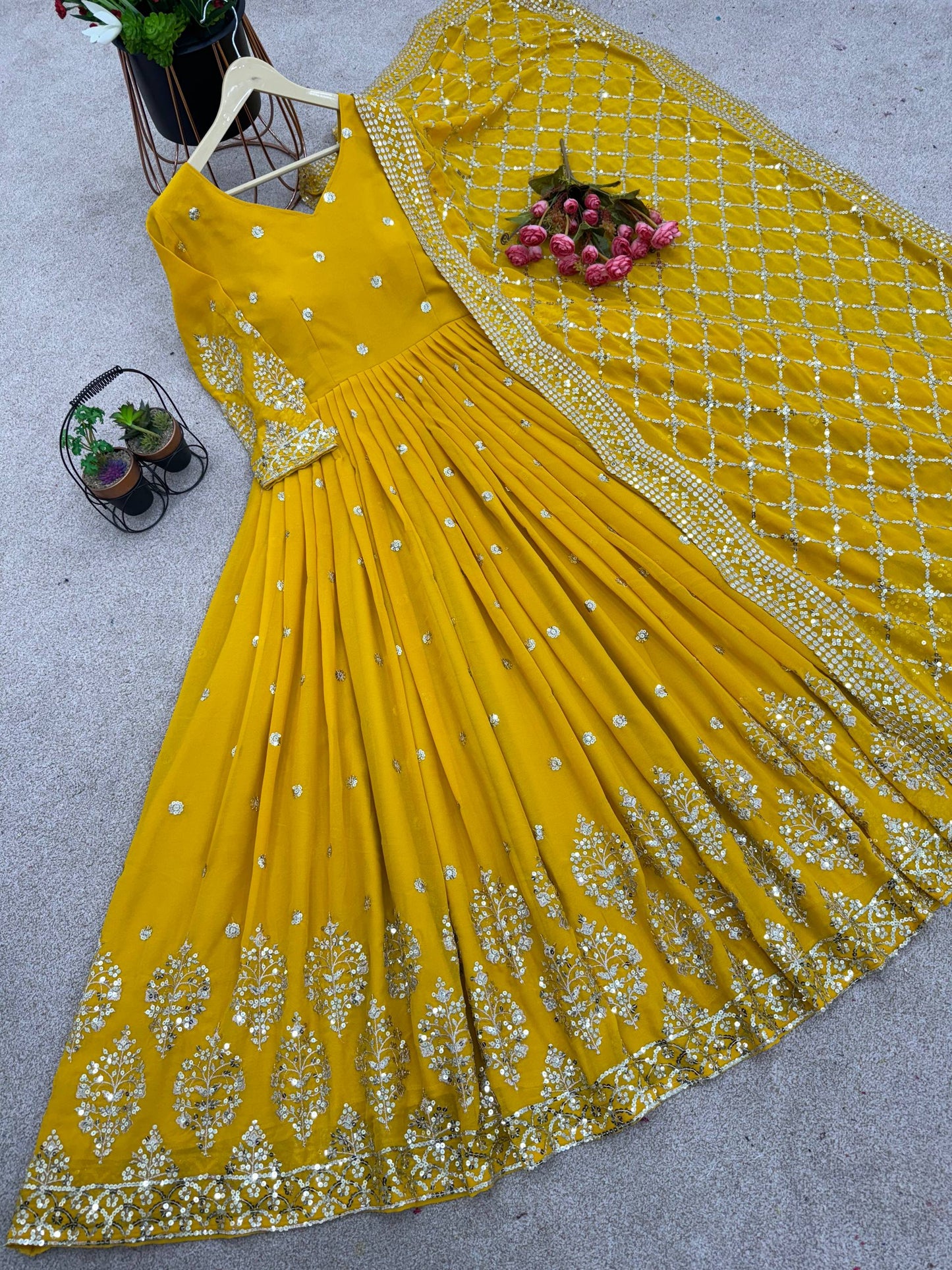 Yellow faux georgette embroidery sequence work gown and dupatta