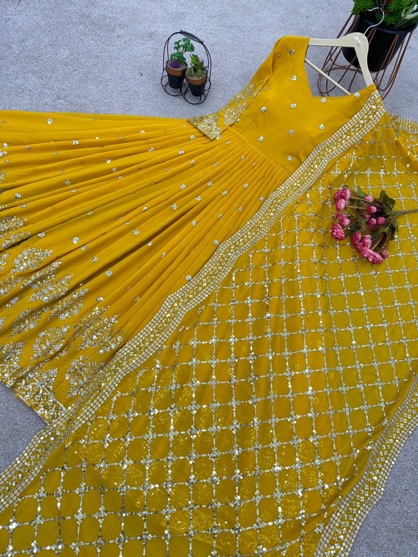 Yellow faux georgette embroidery sequence work gown and dupatta