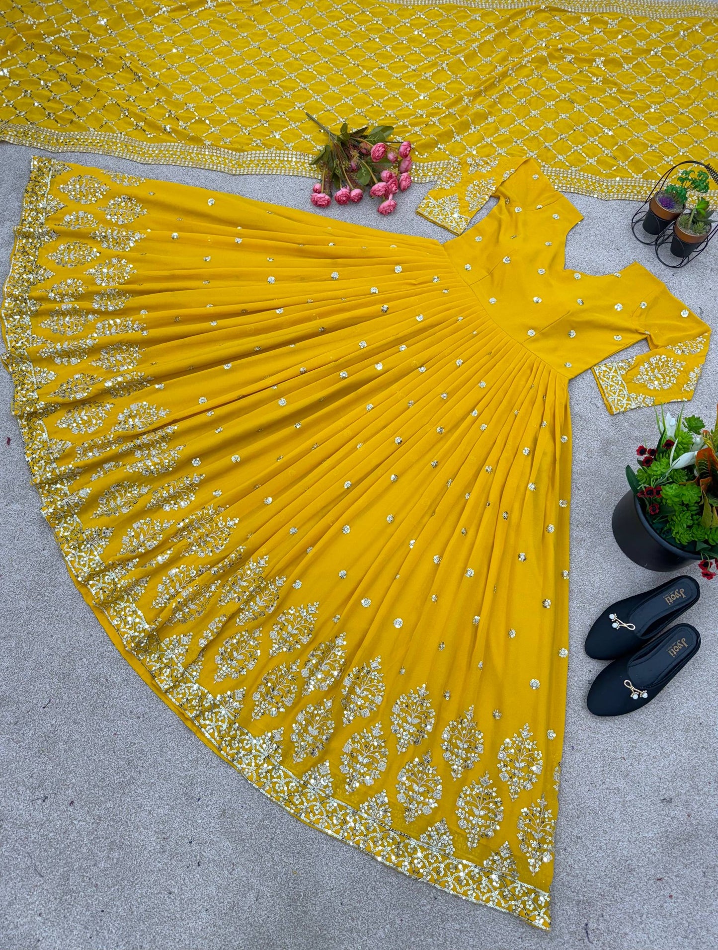 Yellow faux georgette embroidery sequence work gown and dupatta