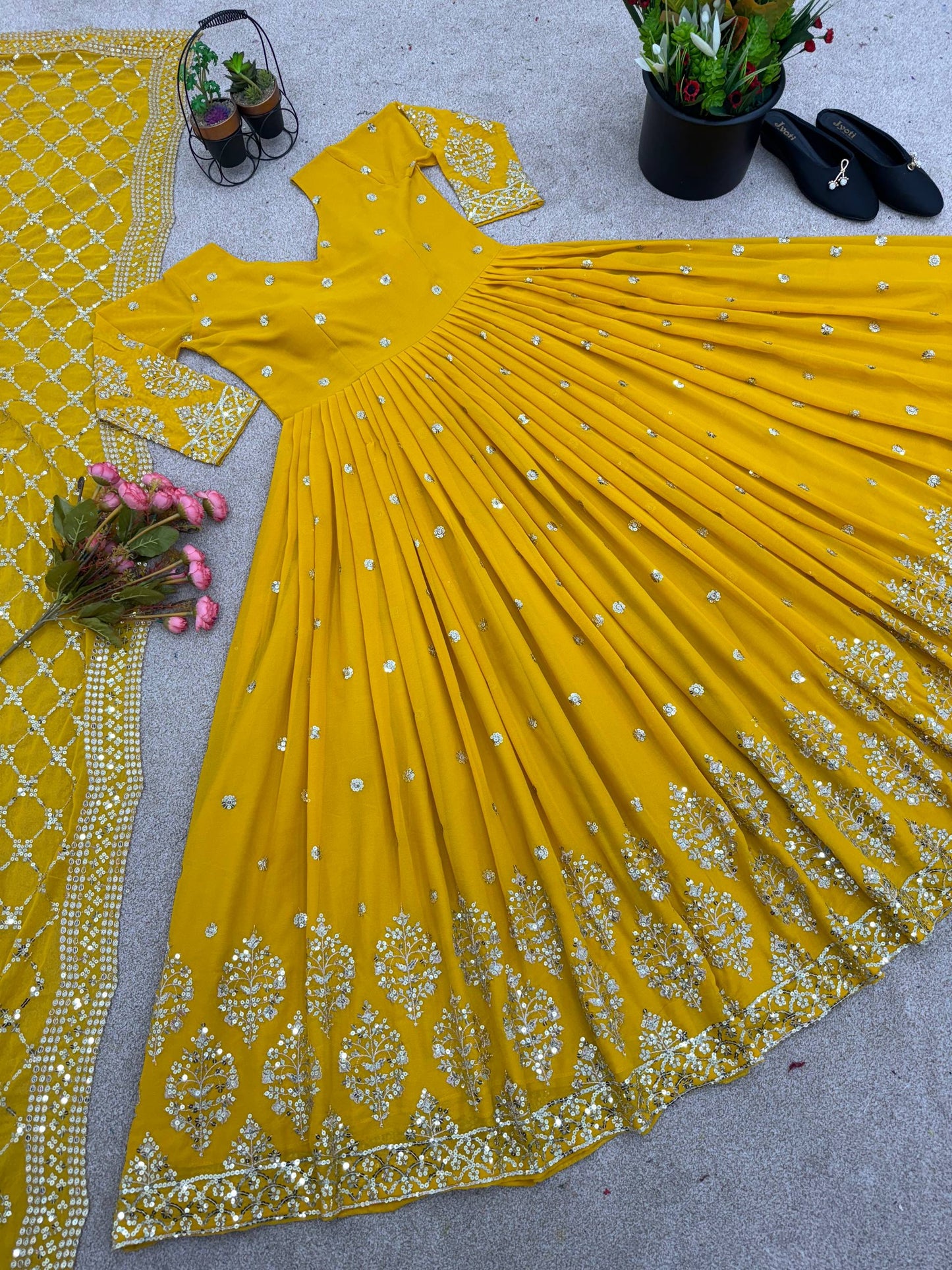 Yellow faux georgette embroidery sequence work gown and dupatta
