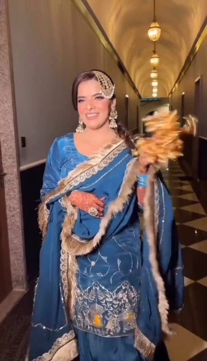 Sky blue crep silk with thread sequence top sharara and dupatta set