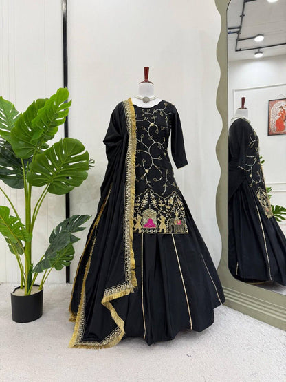 Black crep silk with thread sequence top sharara and dupatta set
