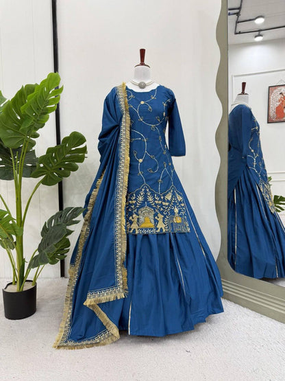 Sky blue crep silk with thread sequence top sharara and dupatta set