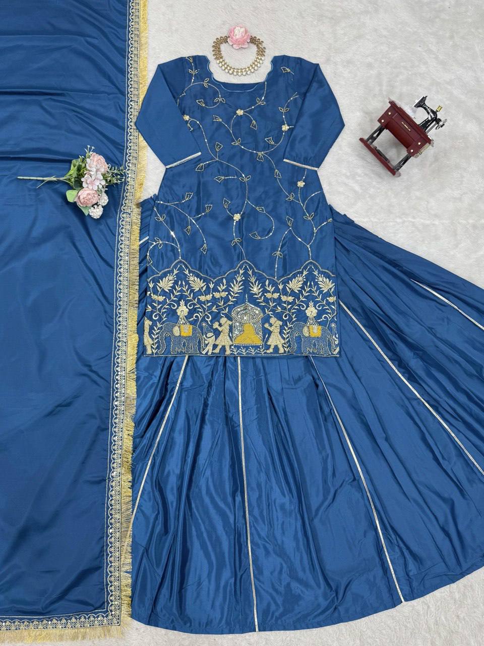 Sky blue crep silk with thread sequence top sharara and dupatta set