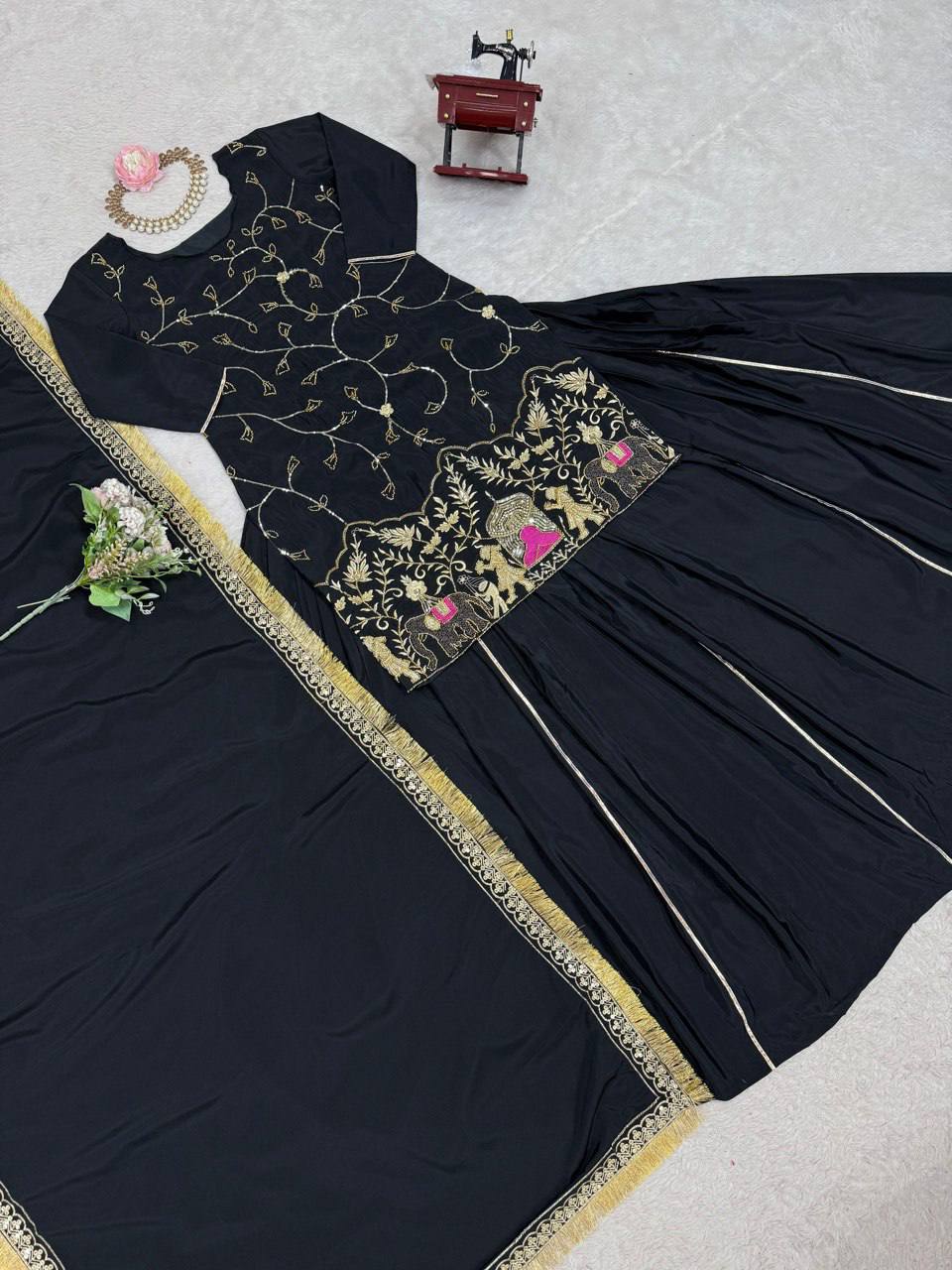 Black crep silk with thread sequence top sharara and dupatta set
