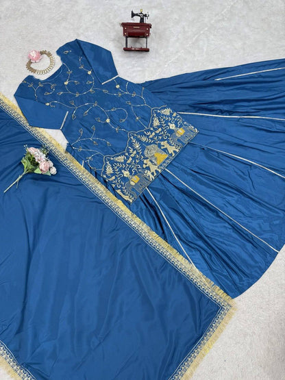 Sky blue crep silk with thread sequence top sharara and dupatta set