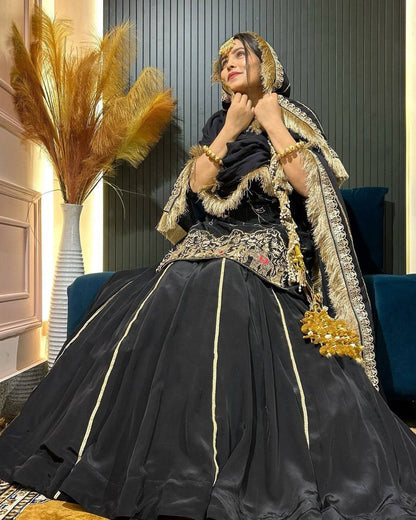Black crep silk with thread sequence top sharara and dupatta set