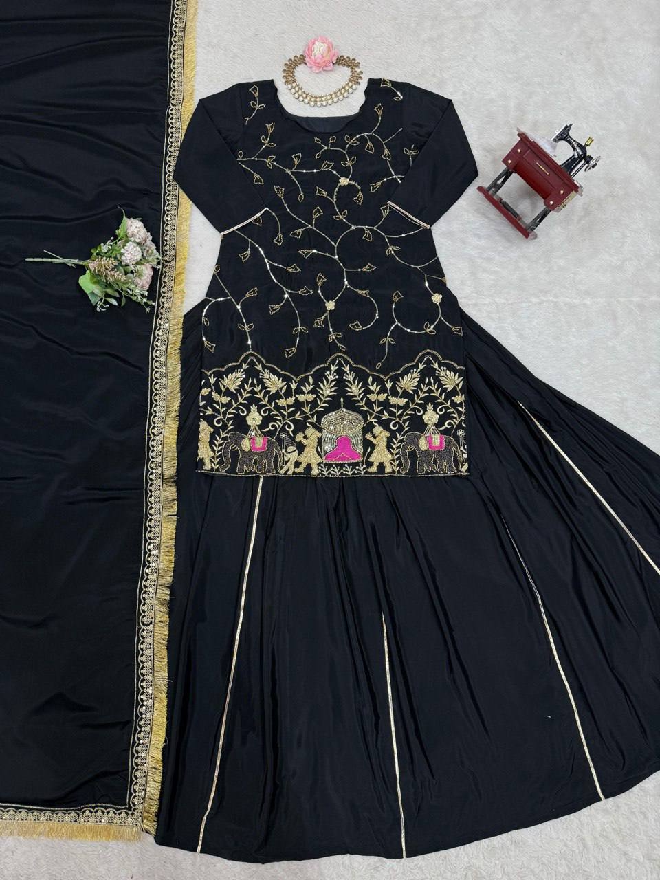 Black crep silk with thread sequence top sharara and dupatta set