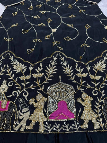 Black crep silk with thread sequence top sharara and dupatta set