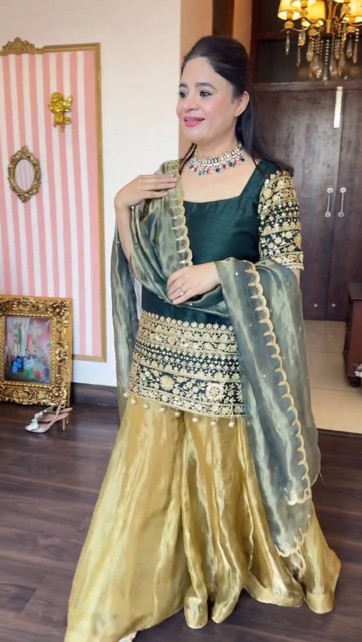 Dark green roman silk sequence embroidery top, palazzo with dupatta