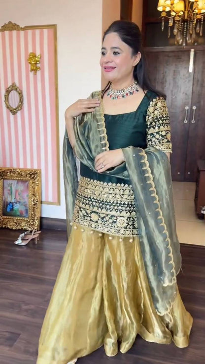 Dark green roman silk sequence embroidery top, palazzo with dupatta