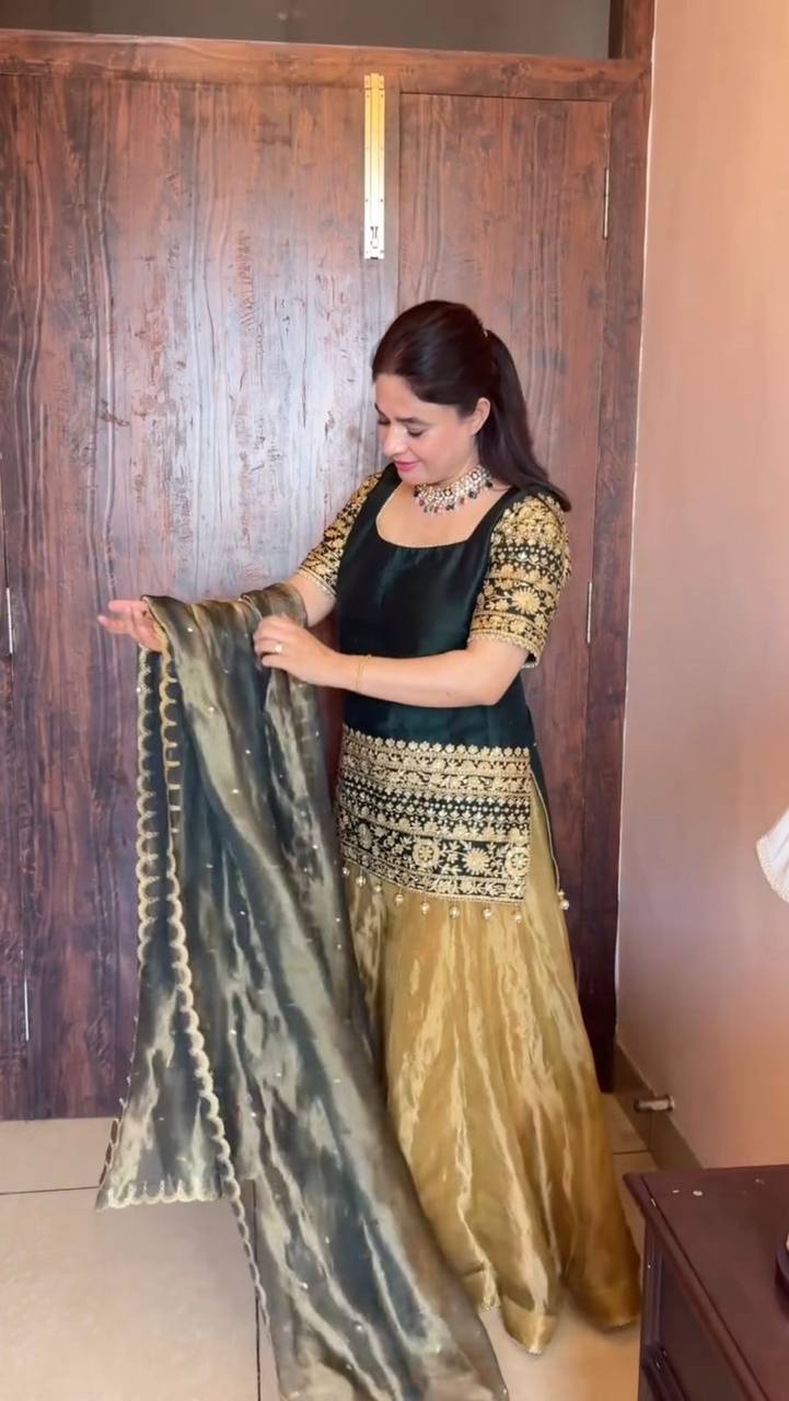 Dark green roman silk sequence embroidery top, palazzo with dupatta