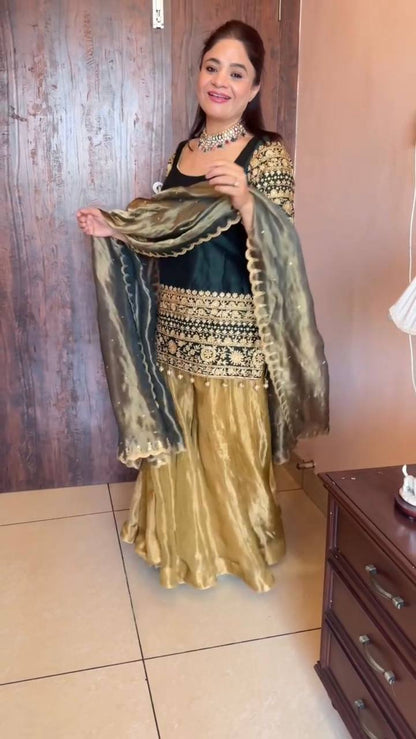 Dark green roman silk sequence embroidery top, palazzo with dupatta